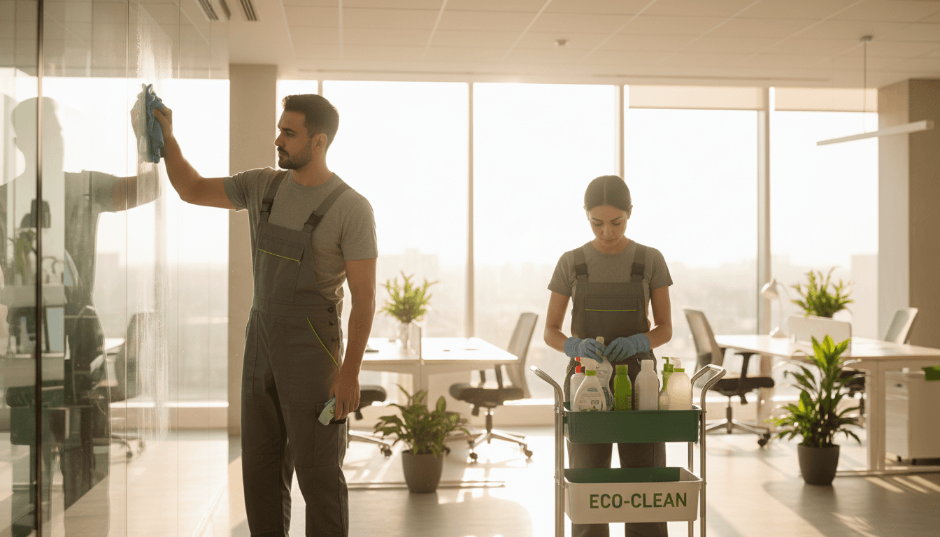 Professional cleaning team working together in a bright, modern Spring Lake office space