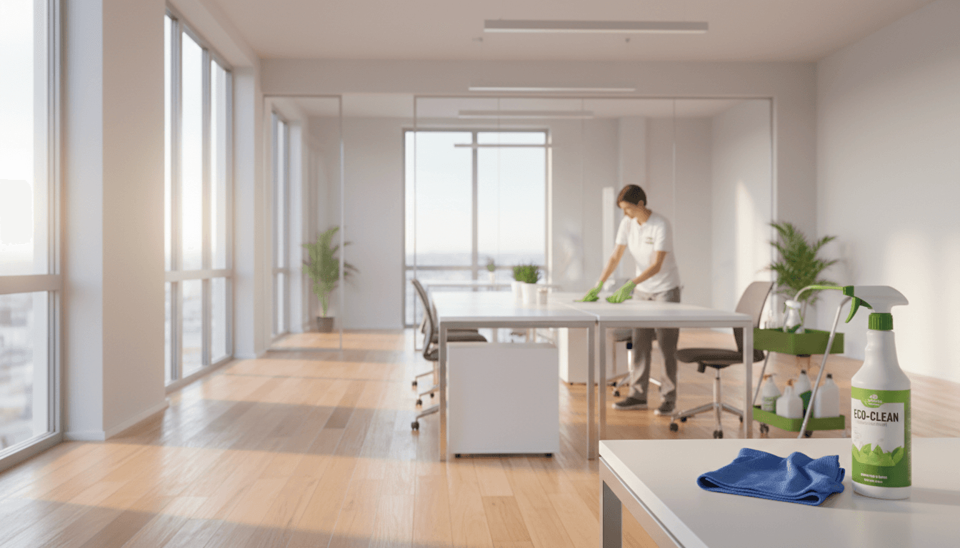 Freshly cleaned office space with professional cleaner finishing final touches
