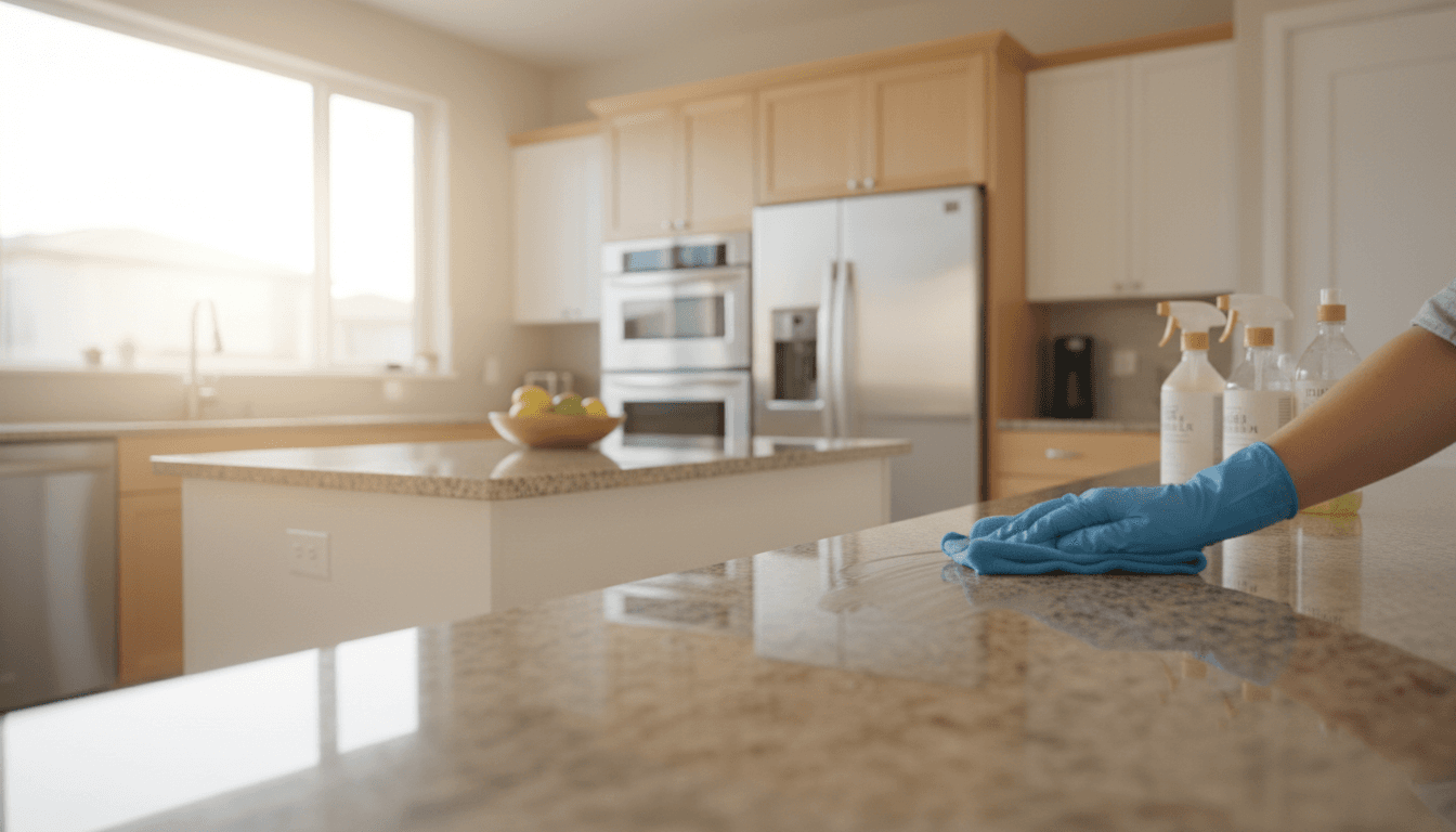 Professionally cleaned modern kitchen with sparkling countertops and windows