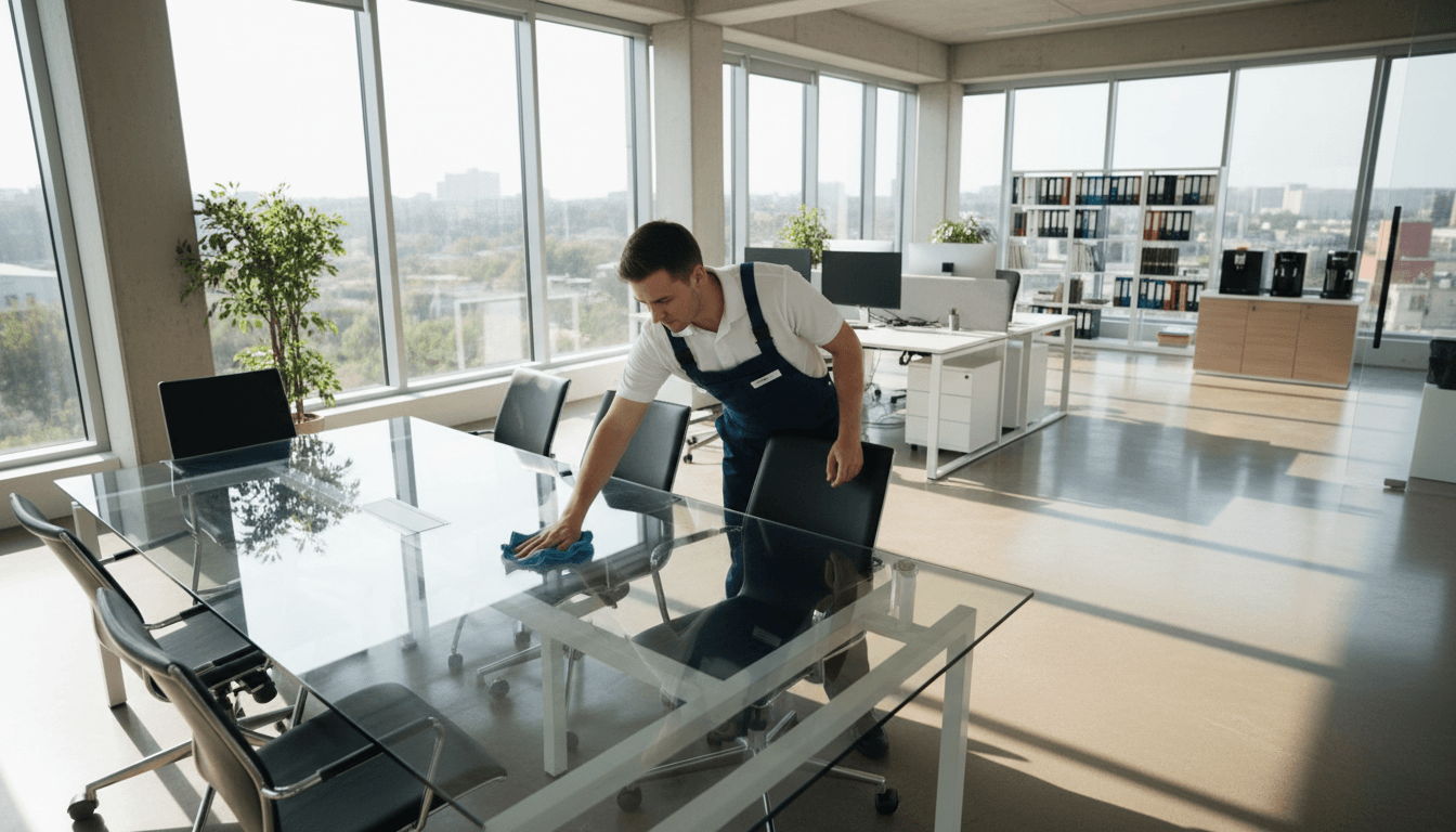 Professional cleaner wiping down a glass conference table in a modern Spring Lake office
